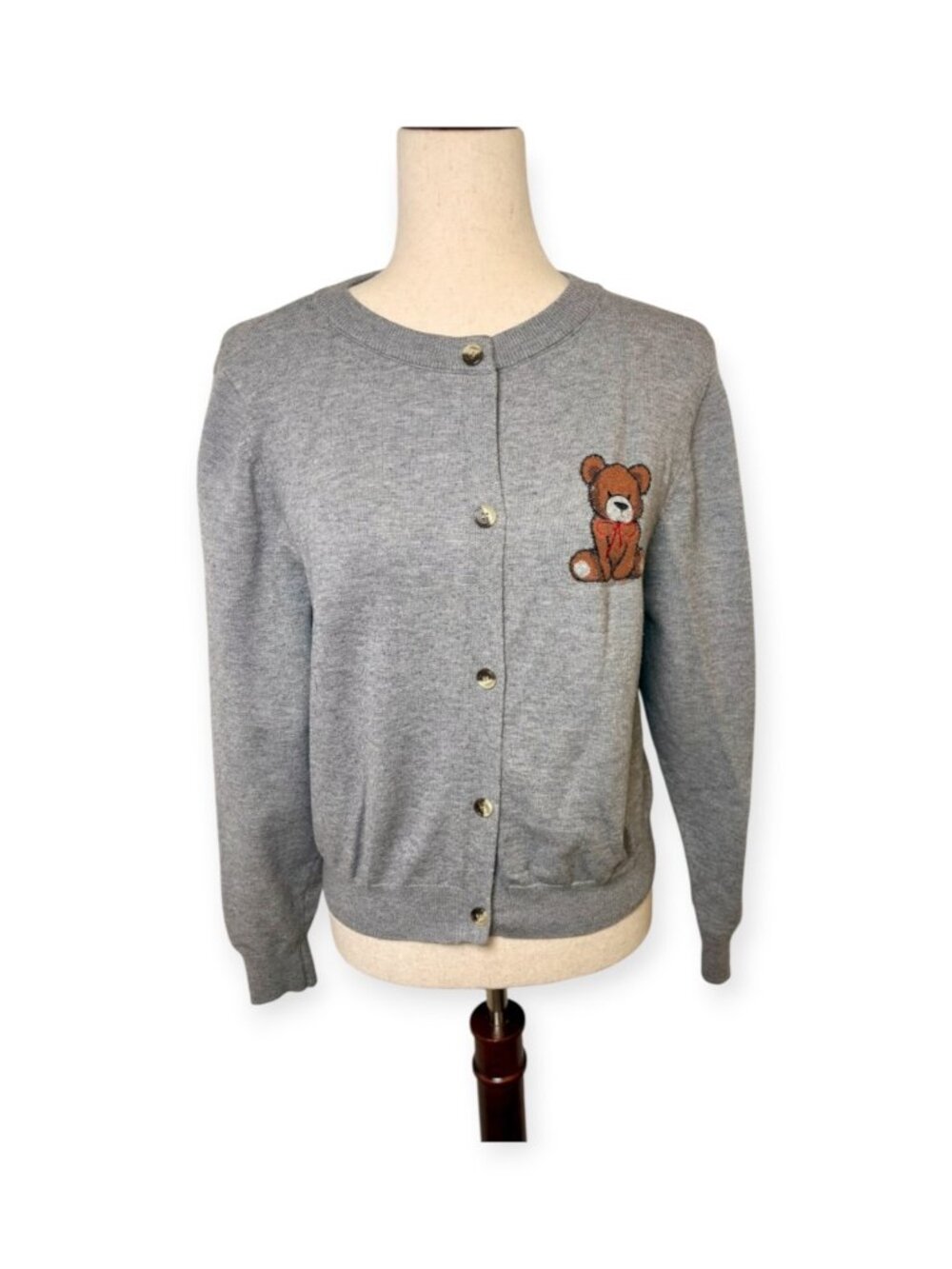 Faded Rose Gray Teddy Bear Embroidered Cardigan Sweater Size Large